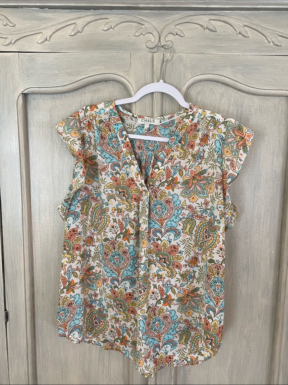 Chaus Women's Paisley Cap-Sleeve Blouse - Cream, Turquoise, Orange, Green